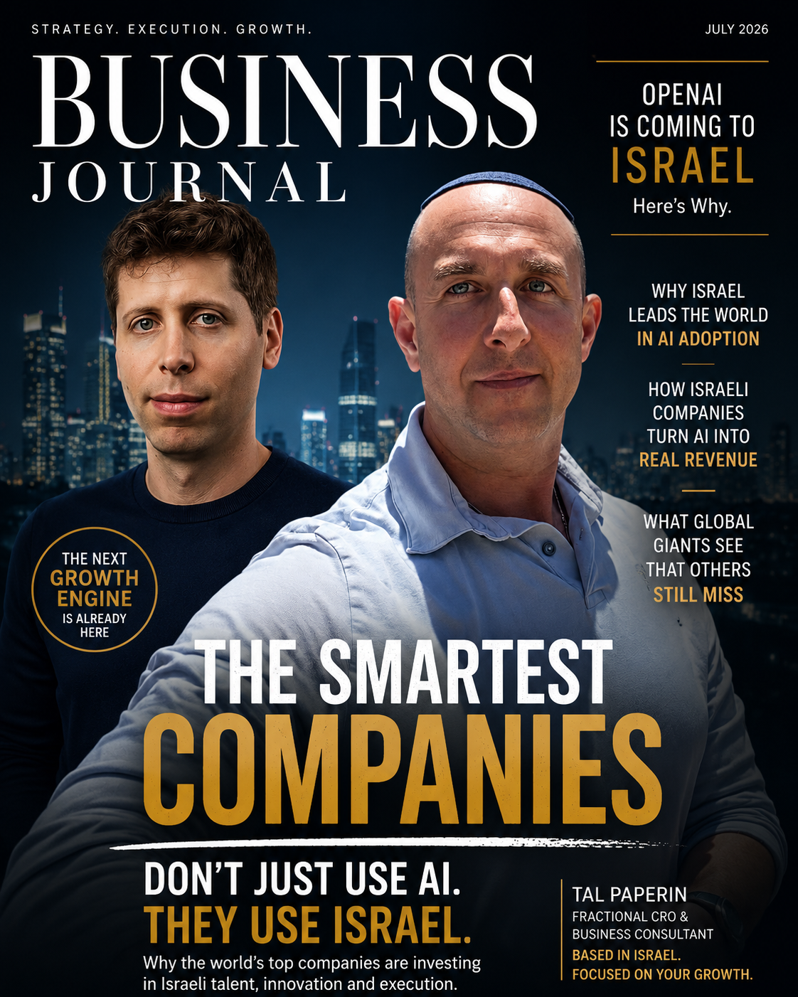 Business Journal cover, July 2026: OpenAI is coming to Israel, featuring Sam Altman and Tal Paperin, Fractional CRO based in Israel